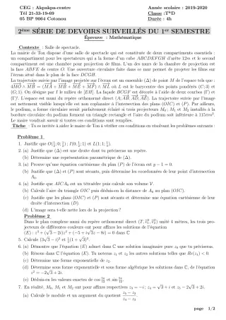 Première page de Mathématiques Tle D — 2e devoir surveillé, 1er semestre (2019-2020) · CEG 1 Akpakpa-Centre