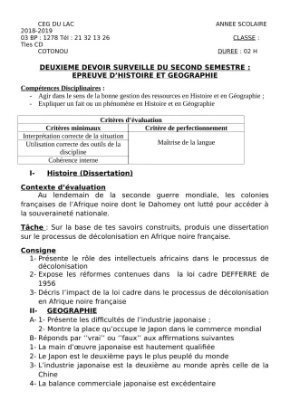 Première page de Histoire-Géographie Tle C, Tle D — 2e devoir surveillé, 2e semestre (2018-2019) · CEG du Lac