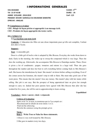 Première page de Anglais 4e, 4e ML — 1er devoir surveillé, 2e semestre (2018-2019) · CEG ADJAGBO
