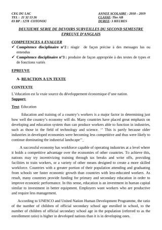 Première page de Anglais Tle A2, Tle B — 2e devoir surveillé, 2e semestre (2018-2019) · CEG du Lac