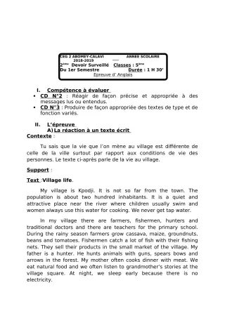 Première page de Anglais 5e — 2e devoir surveillé, 1er semestre (2018-2019) · CEG2 ABOMEY - CALAVI (CEG ZOCA)