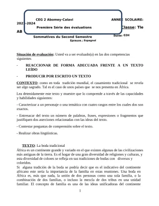 Première page de Espagnol Tle B — 1re évaluation sommative, 2e semestre (2023-2024) · CEG2 ABOMEY - CALAVI (CEG ZOCA)