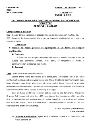 Première page de Anglais 4e — 2e devoir surveillé, 1er semestre (2021-2022) · CEG PAHOU