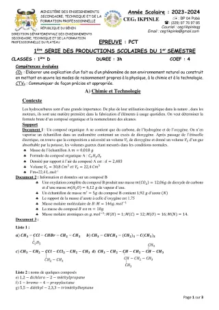 Première page de PCT 1ère D — 1re production scolaire, 1er semestre (2023-2024) · CEG1 Ikpinlè