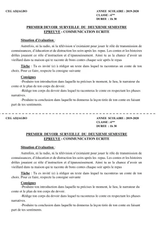 Première page de Français 6e — 1er devoir surveillé, 2e semestre (2019-2020) · CEG ADJAGBO