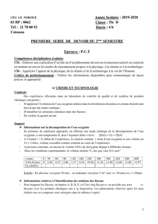 Première page de PCT Tle D — Composition, 2e semestre (2019-2020) · CEG LE NOKOUE