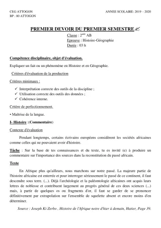 Première page de Histoire-Géographie 2nde A & B, 2nde A1, 2nde A2, 2nde B — 1er devoir surveillé, 1er semestre (2019-2020) · CEG Attogon