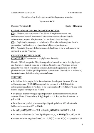Première page de PCT Tle D — 2e devoir surveillé, 1er semestre (2019-2020) · CEG Banikanni