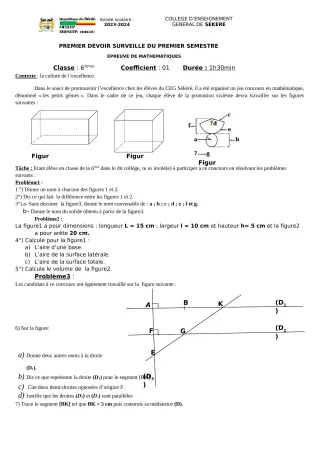Première page de Mathématiques 6e — 1er devoir surveillé, 1er semestre (2023-2024) · CEG SEKERE