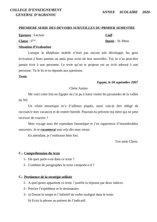 Première page de Français 6e, 5e, 4e, 3e — 1er devoir surveillé (2020-2021) · CEG AGBANOU