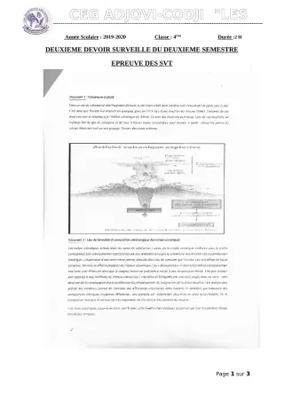 Première page de SVT 4e, 4e ML — 2e devoir surveillé, 2e semestre (2019-2020) · CEG ADJOVICODJI 'LES OLIVIERS'