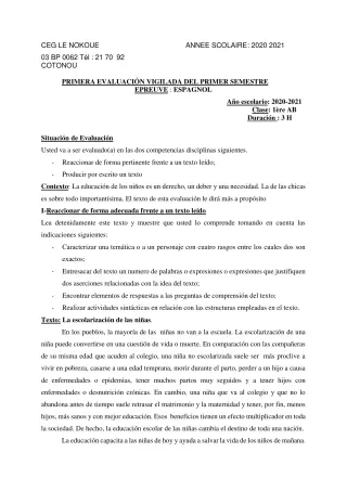 Première page de Espagnol 1ère A1, 1ère A2, 1ère B — 2020-2021 · CEG LE NOKOUE