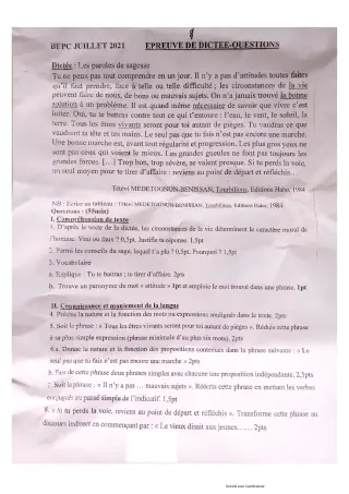 Première page de Épreuve BEPC 2021 dictée questions Togo