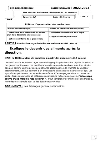 Première page de SVT 3e — 1re évaluation sommative, 1er semestre (2022-2023) · CEG Bellefoungou