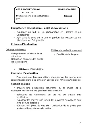 Première page de Histoire-Géographie 3e — 1re évaluation sommative, 1er semestre (2023-2024) · CEG2 ABOMEY - CALAVI (CEG ZOCA)