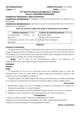 Première page de Histoire-Géographie 4e ML&MC — 2e devoir surveillé, 1er semestre (2019-2020) · CEG MAREGOUROU
