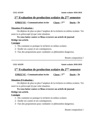 Première page de Français 3e ML — 1re production scolaire, 2e semestre (2018-2019) · CEG Agon