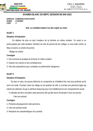 Première page de Examen Blanc de FRANCAIS — 3e ML — CEG1 Adjarra (2020)