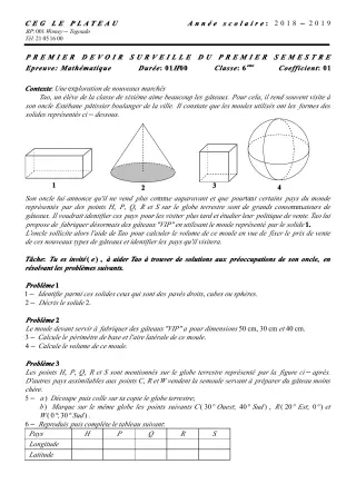 Première page de Mathématiques 6e — 1er devoir surveillé, 1er semestre (2018-2019) · CEG Le Plateau