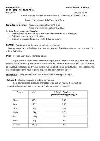 Première page de SVT 1ère A1, 1ère A2, 1ère B — Évaluation sommative, 1er semestre (2020-2021) · CEG LE NOKOUE