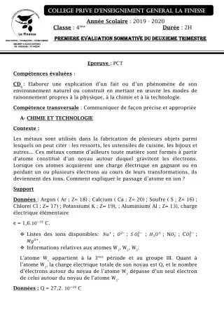 Première page de PCT 4e — 1re évaluation sommative, 2e trimestre (2019-2020) · CPEG La Finesse