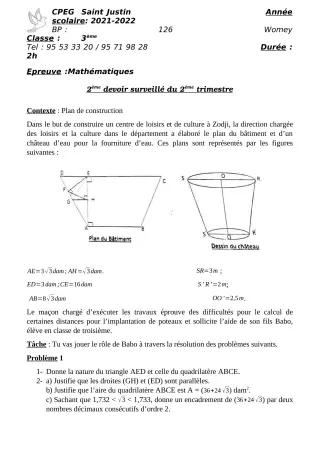 Première page de Mathématiques 3e — 2e devoir surveillé, 2e trimestre (2021-2022) · CPEG SAINT Justin