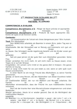 Première page de Allemand 2nde A, 2nde B — 1re production scolaire, 2e semestre (2019-2020) · CEG du Lac