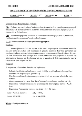 Première page de PCT 5e — 2e devoir surveillé, 2e semestre (2022-2023) · CEG GOHO