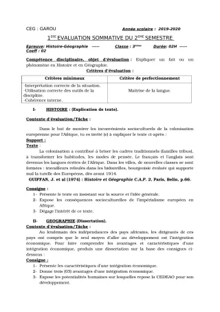 Première page de Histoire-Géographie 3e — 1re évaluation sommative, 2e semestre (2019-2020) · CEG GAROU