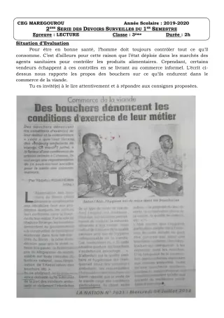 Première page de Français 3e, 3e ML — Devoir surveillé, 1er semestre (2019-2020) · CEG MAREGOUROU