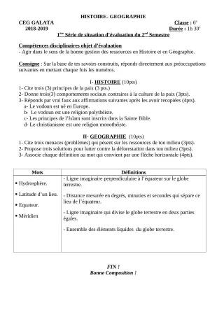 Première page de Histoire-Géographie 6e, 5e, 4e, 4e ML, 3e, 3e ML — Composition, 2e semestre (2018-2019) · CEG Galata