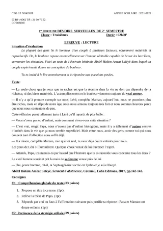 Première page de Français 3e — 1er devoir surveillé, 2e semestre (2021-2022) · CEG LE NOKOUE
