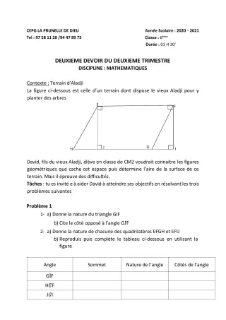 Première page de Mathématiques 6e, 5e, 4e, 3e, 3e ML, 2nde B, 2nde D — 2e devoir surveillé, 2e trimestre (2020-2021) · CEPG La Prunelle de Dieu