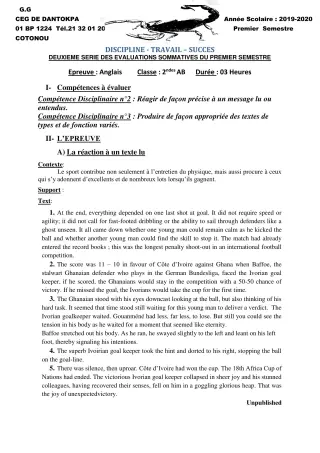 Première page de Anglais 2nde A1, 2nde B — 2e évaluation sommative, 1er semestre (2019-2020) · CEG Dantokpa