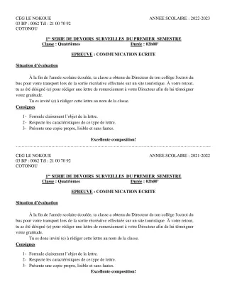 Première page de Français 4e — 1er devoir surveillé, 1er semestre (2022-2023) · CEG LE NOKOUE