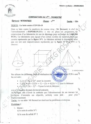 Première page de Mathématiques 4e — 1re composition, 1er trimestre (2020-2021) · CPEG ROSAIRE
