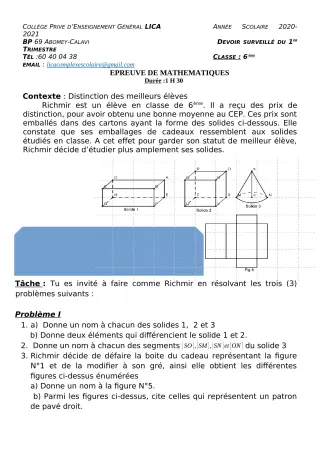 Première page de Mathématiques 6e, Tle C, Tle D — Devoir surveillé, 1er trimestre (2020-2021) · CPEG LICA