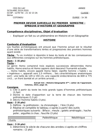 Première page de Histoire-Géographie 6e — 1er devoir surveillé, 1er semestre (2019-2020) · CEG du Lac