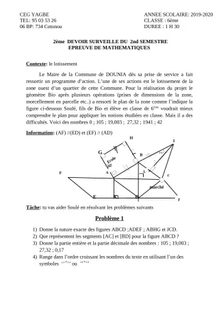 Première page de Mathématiques 6e — 2e devoir surveillé, 2e semestre (2019-2020) · CEG Yagbe