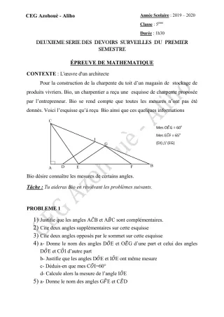 Première page de Mathématiques 5e — 2e devoir surveillé, 1er semestre (2019-2020) · CEG AZOHOUE-ALIHO