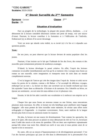Première page de Français 3e — 1er devoir surveillé, 2e semestre (2019-2020) · CEG GAROU