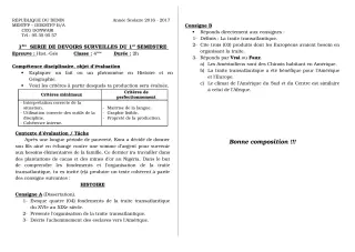 Première page de Histoire-Géographie 6e, 5e, 4e, 4e ML, 3e, 3e ML — 1er devoir surveillé, 1er semestre (2018-2019) · CEG Donwari