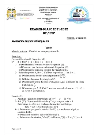 Première page de Examen Blanc de MATHS GENE — Tle BTP — LTCI KANDI (2021)