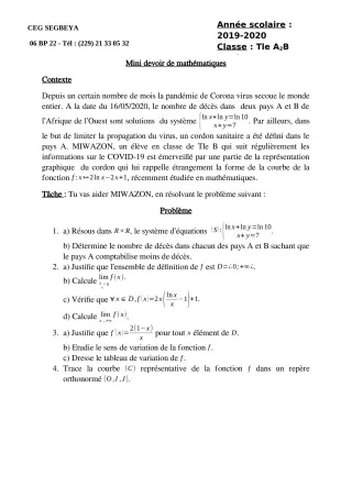 Première page de Mathématiques Tle B — 1er devoir surveillé (2019-2020) · CEG SEGBEYA