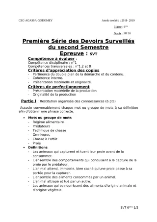 Première page de SVT 6e, 5e, 4e, 4e ML, 3e, 3e ML, 2nde A & B, 2nde C, 2nde D, 1ère A, 1ère B, 1ère C, 1ère D, Tle A2, Tle B, Tle C, Tle D — 1er devoir surveillé, 2e semestre (2018-2019) · CEG Agassa Godomey