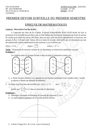 Première page de Mathématiques 2nde A2, 2nde B — 1er devoir surveillé, 1er semestre (2020-2021) · CEG FIYEGNON