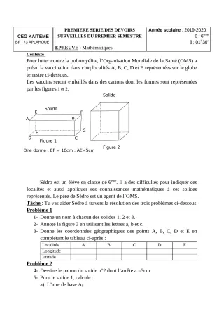 Première page de Mathématiques 6e — 1er devoir surveillé, 1er semestre (2019-2020) · CEG Kaïtèmè