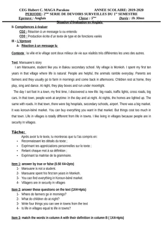 Première page de Anglais 5e — 2e devoir surveillé, 1er semestre (2019-2020) · CEG Hubert C. MAGA