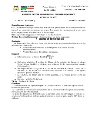 Première page de PCT 3e — 1er devoir surveillé, 1er semestre (2021-2022) · CEG SEKERE