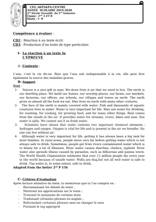 Première page de Anglais 2nde A1, 2nde A2, 2nde C — 2e devoir surveillé, 2e semestre (2019-2020) · CEG 1 Akpakpa-Centre
